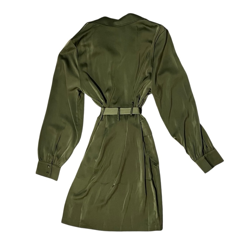 Olive Green Satin Long Sleeve Zip Tie Dress Size Small - Picture 7 of 8